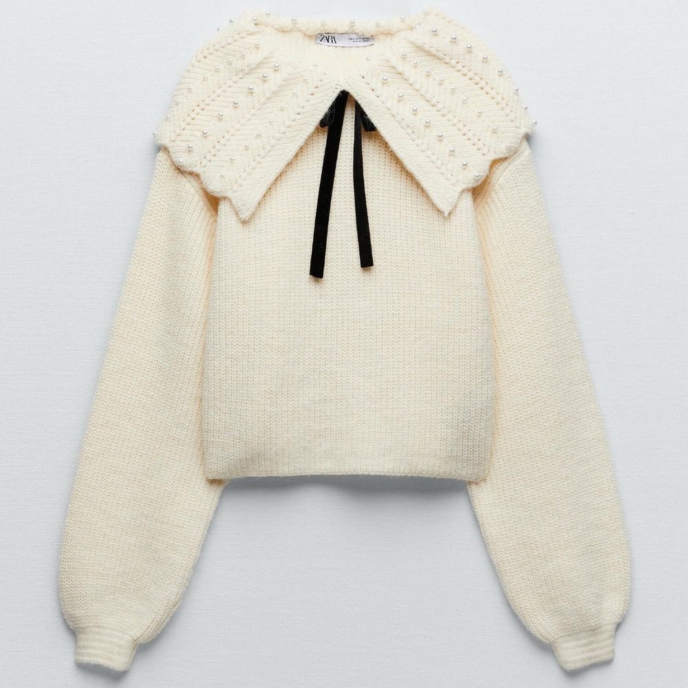Zara Faux Pearl Sweater Big Collar Velvet Bow Top Cream Small